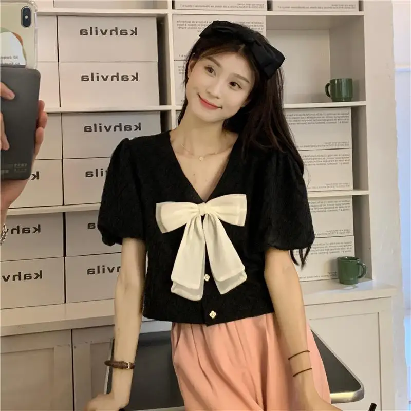 Bow Patchwork V Neck Short Shirt Tops Summer New Short Sleeve Solid Color All-match Korean Blouse Fashion Sweet Women Clothing