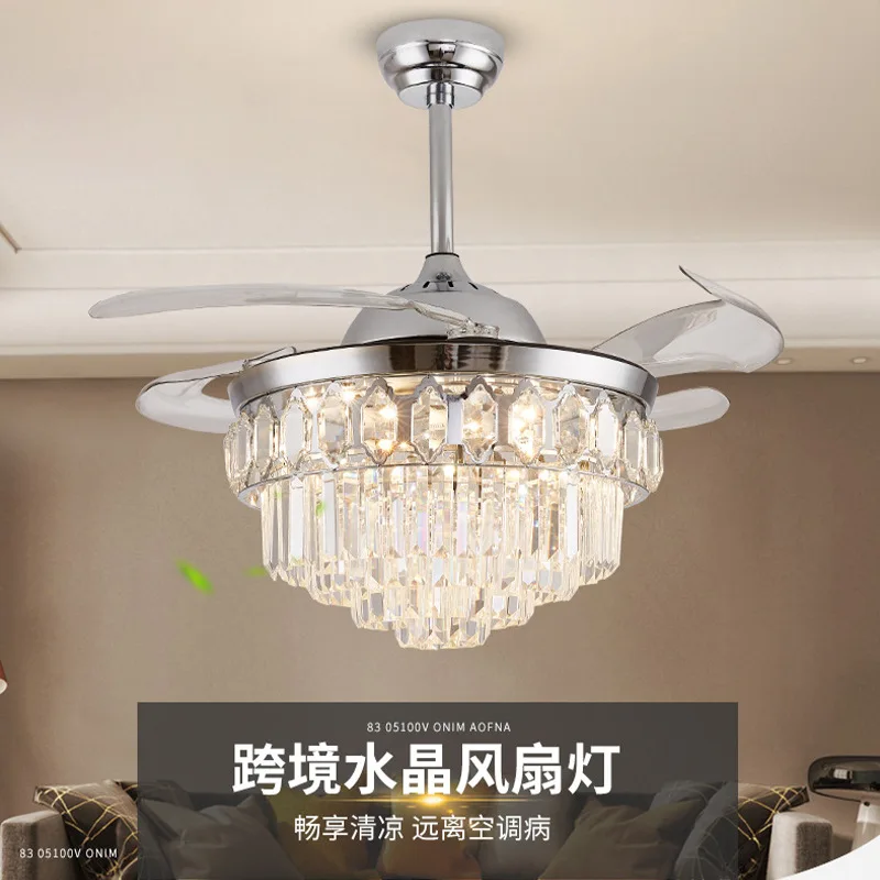 42 inch 48 inch luxury crystal ceiling fan with LED light  modern invisible fan light  living room  lobby dining room