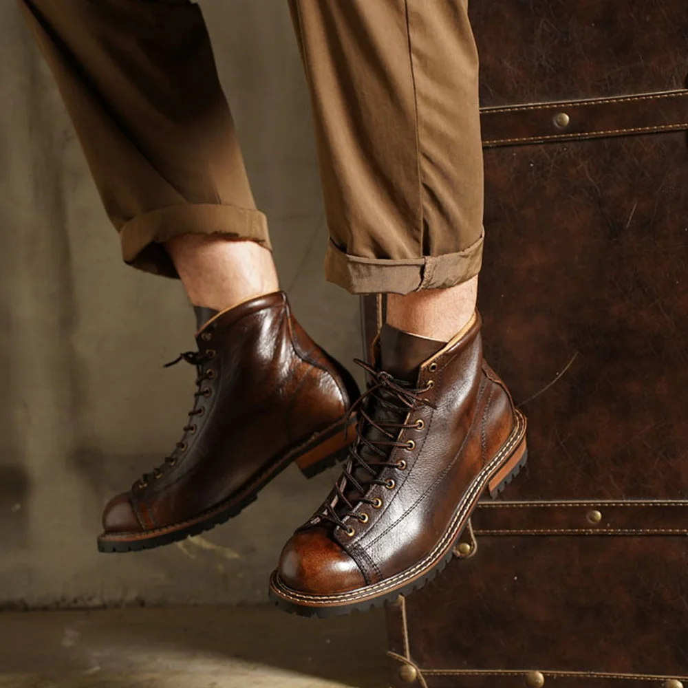 Fashion Genuine Leather Motorcycle Boots British Brogue Shoes Oxford Big Head Ankle Western Cowboy Chelsea Boots For Men Brown