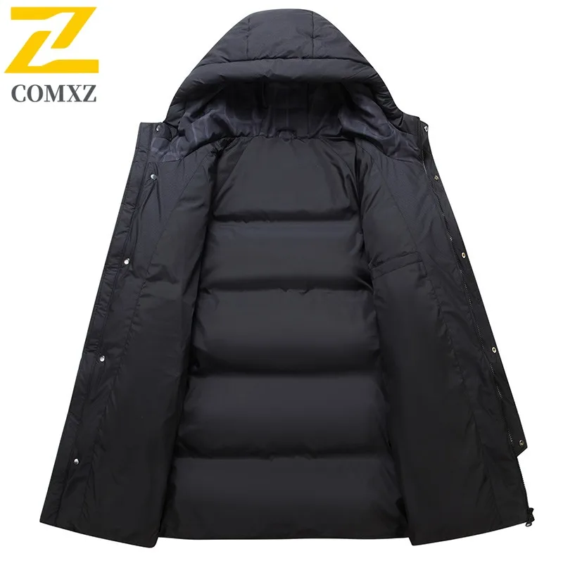 COMXZ 2025 Chaqueta larga de plumón para hombre, senderismo al aire libre, viajes, relleno resistente al frío, abrigo de invierno ligero de estilo diario minimalista