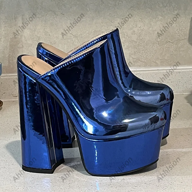 Ahhlsion Handmade Women Summer Sandals Shiny Block High Heels Round Toe Cool Blue Black Party Shoes Ladies US Plus Size 5-20