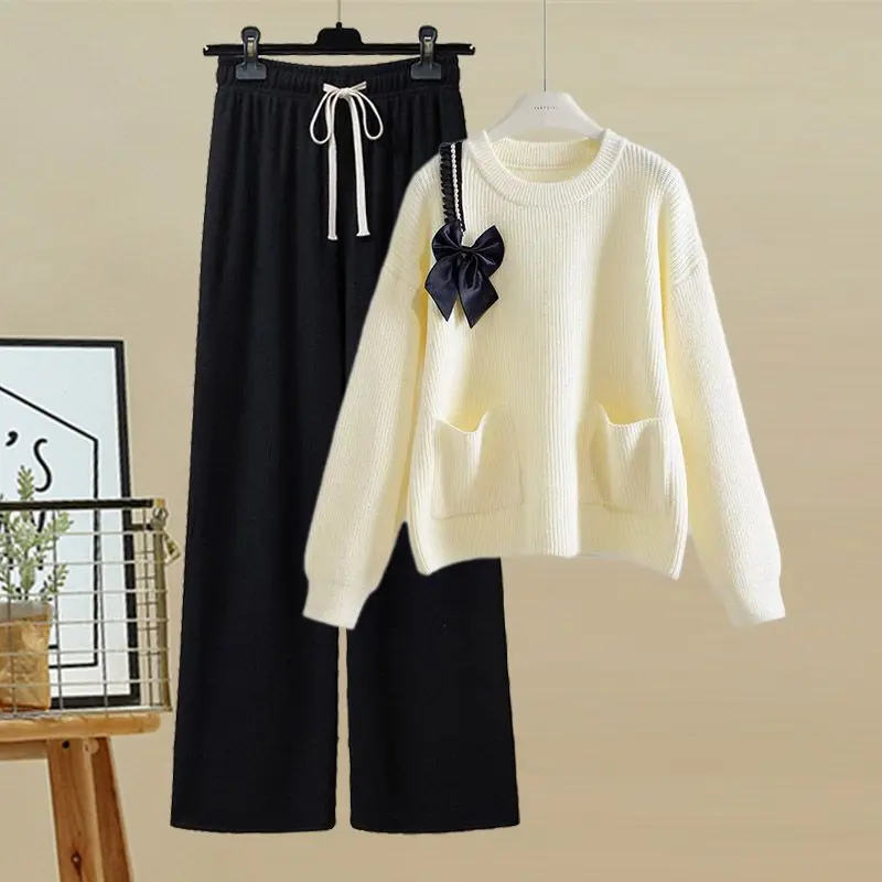 Korean Popular Bow Pocket Decoration Knitted Sweater Pullover Casual Wide Leg Pants Two-piece Elegant Women's Pants Set Outfit