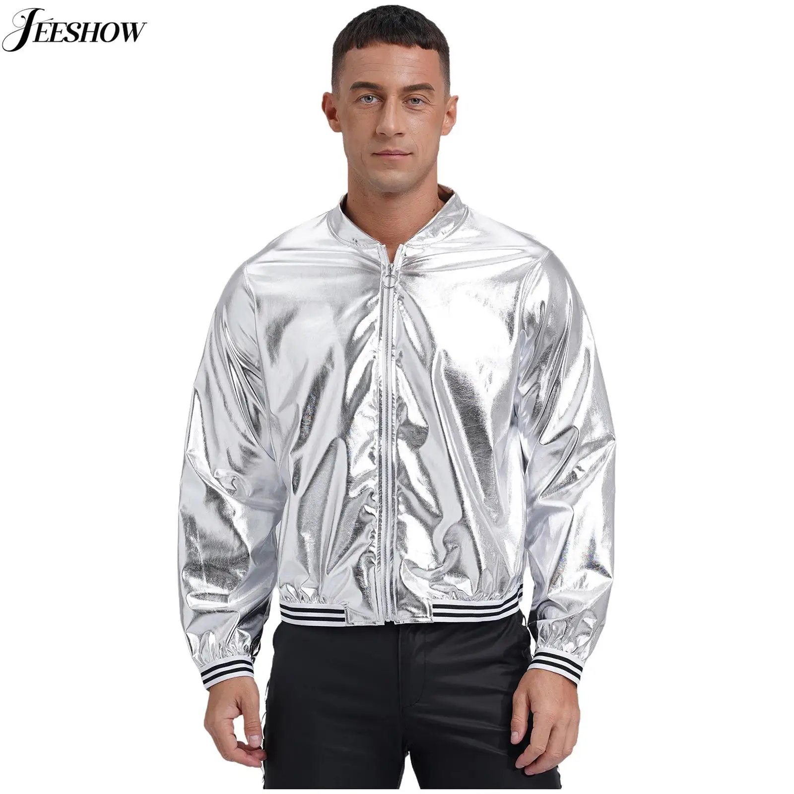 

Mens Metallic Shiny Bomber Jacket Long Sleeve Zip Up Baseball Jackets Coat Rave Dance Party Festival Outfits Outerwear Clubwear