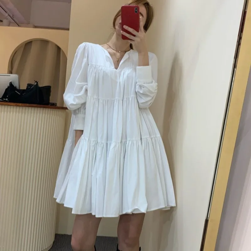 South Korea Dongdaemun 2024 Early Spring New Public Design Pleated Belly Loose Long-sleeved Dress Women