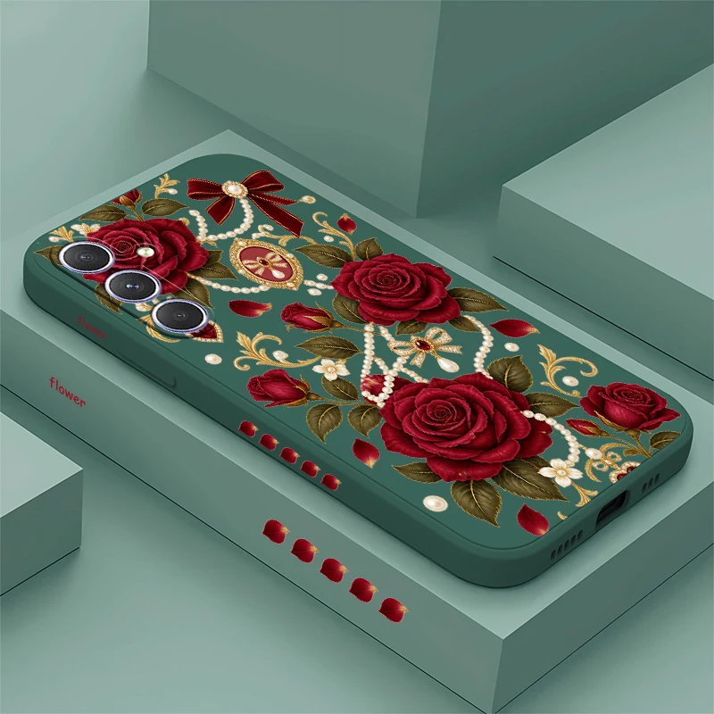 Red Floral Pattern Phone Case For Samsung Galaxy M53 M12 M32 M16 M11 M12 M42 M07 M06 M02 M04S Shockproof Silicon Soft Cover Capa