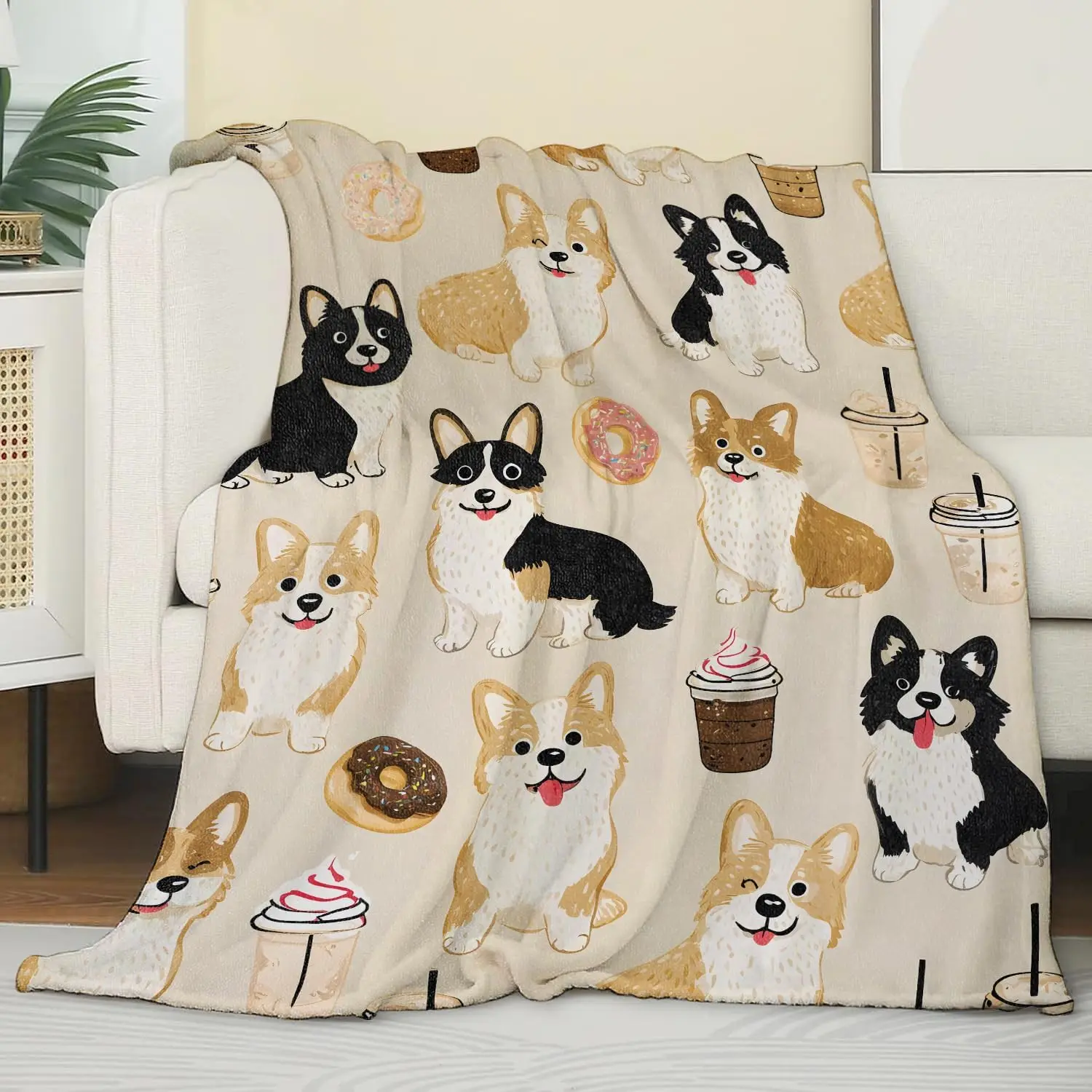 Cute Corgi Dog Blanket,Adorable Puppy with Donut and Coffee Flannel Throw for Kids,Girls,Pet Lovers as Gifts,Cozy Soft Blankets