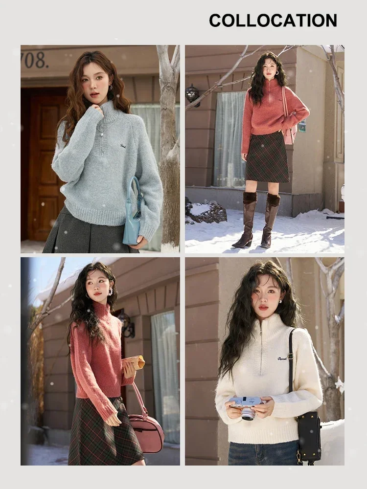 MISHOW Autumn Winter Mock Neck Sweaters for Women 2023 New Korean Loose Half Zip Sweater Pullover Knitted Jumpers Top MXC55Z0418