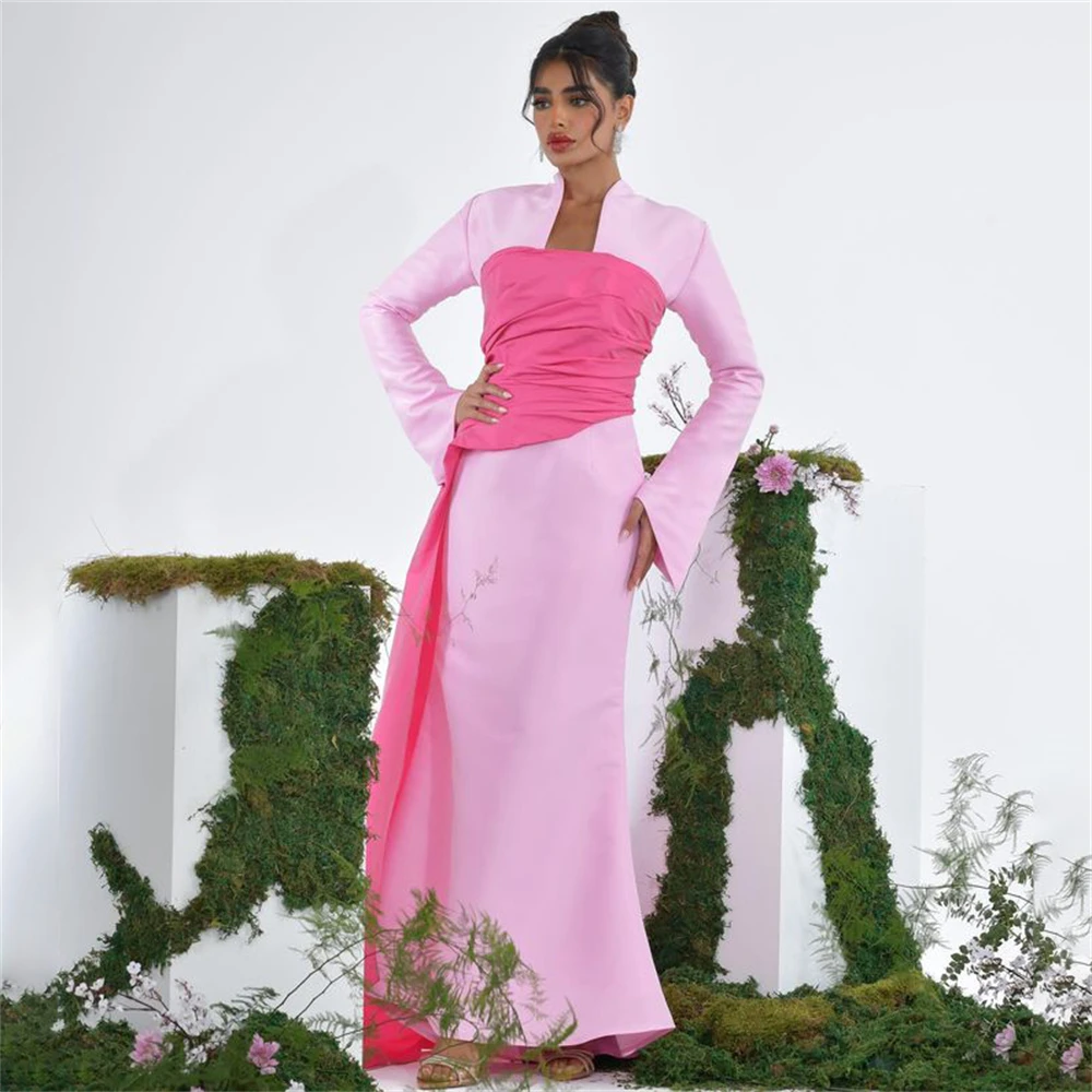 

Tarot Contrast Color Long Sleeves Saudi Evening Dresses Sheath Satin Back Zipper Wedding Guest Dress Formal Prom Party Gowns