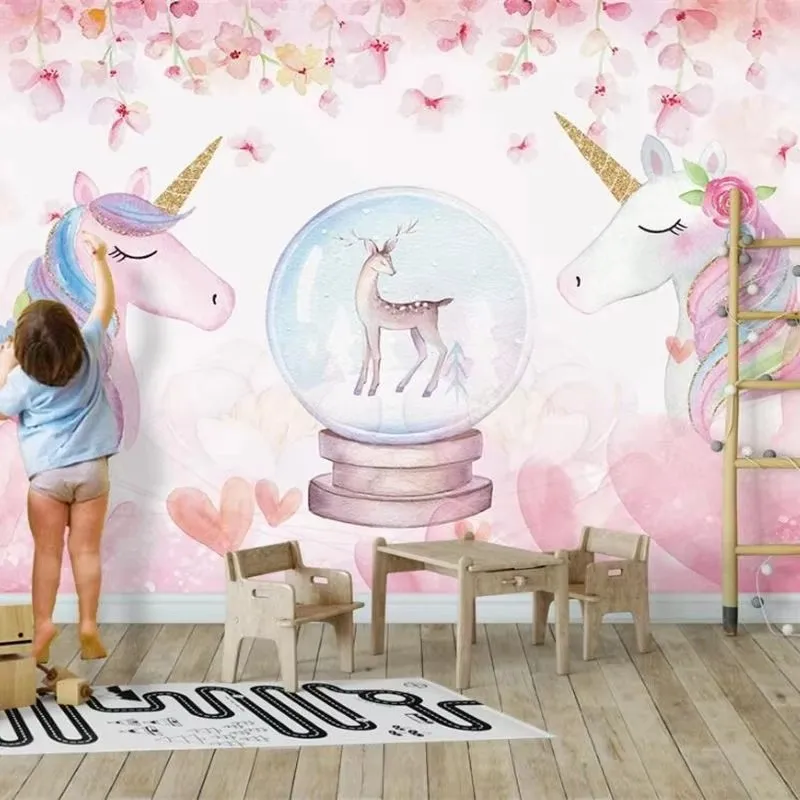 

Custom wallpaper 3d mural cartoon watercolor unicorn children's room kindergarten TV background wall broken dinosaur decoration