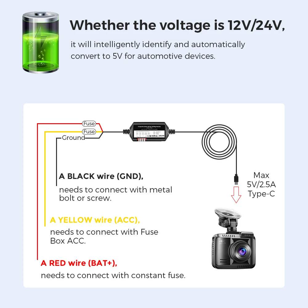 AZDOME JYX05 Auto-DVR-Aufnahme-Hardwire-Kit für M660/M550 Max/M300S/GS63H Pro Low Vol Protection Typ-C-Anschluss 12V-24V in 5V 2,5A aus