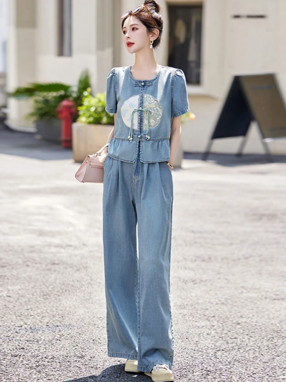 

New Chinese Style Denim Set for Women Summer 2026 Embroidered Elegance Hanfu Two-Piece Suit Cotton Polyester Blend Short Sleeve