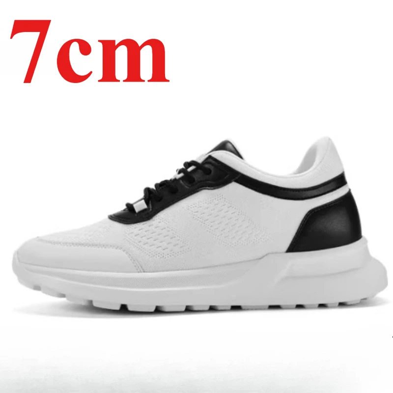 Invisible Height Increasing Shoes Men's 6cm 7cm Elevator Casual Sneakers White Shoes Mesh Fabric Breathable Sports Board Shoes