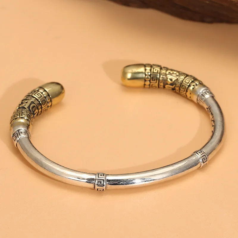 

S925 Thai silver national style six character true words Ruyi gold hoop stick somersault Yunxiang bracelet China-Chic jewelry