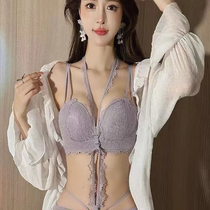 Hanging Neck Pure Desire Wind Small Breasts Gathered Large Sexy Lace Bra to Collect Side Breasts Anti-Sagging Bra