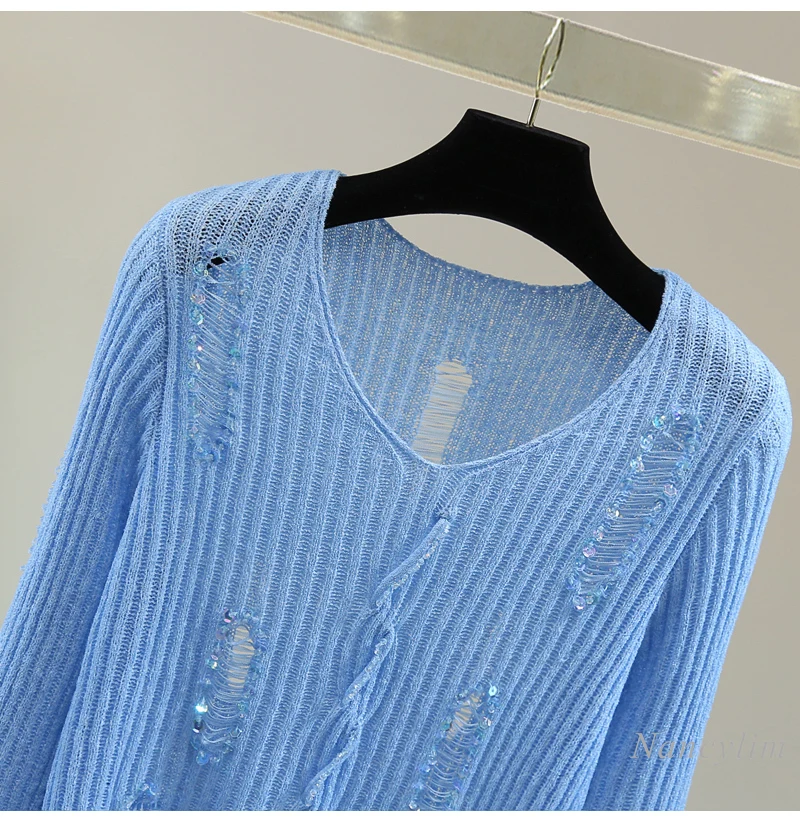 Beaded Sequined V-neck Long-sleeved Knitted T-Shirt Women 2025 Spring and Summer New Solid Color Personalized Hole Pullover Top
