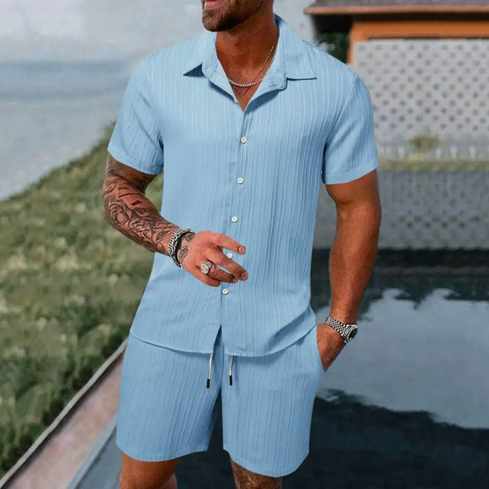 2Pcs/Set Men Casual Outfit Lapel Short Sleeve Single Breasted Shirt Elastic Drawstring Waist Wide Leg Shorts Loose Fit Outfit