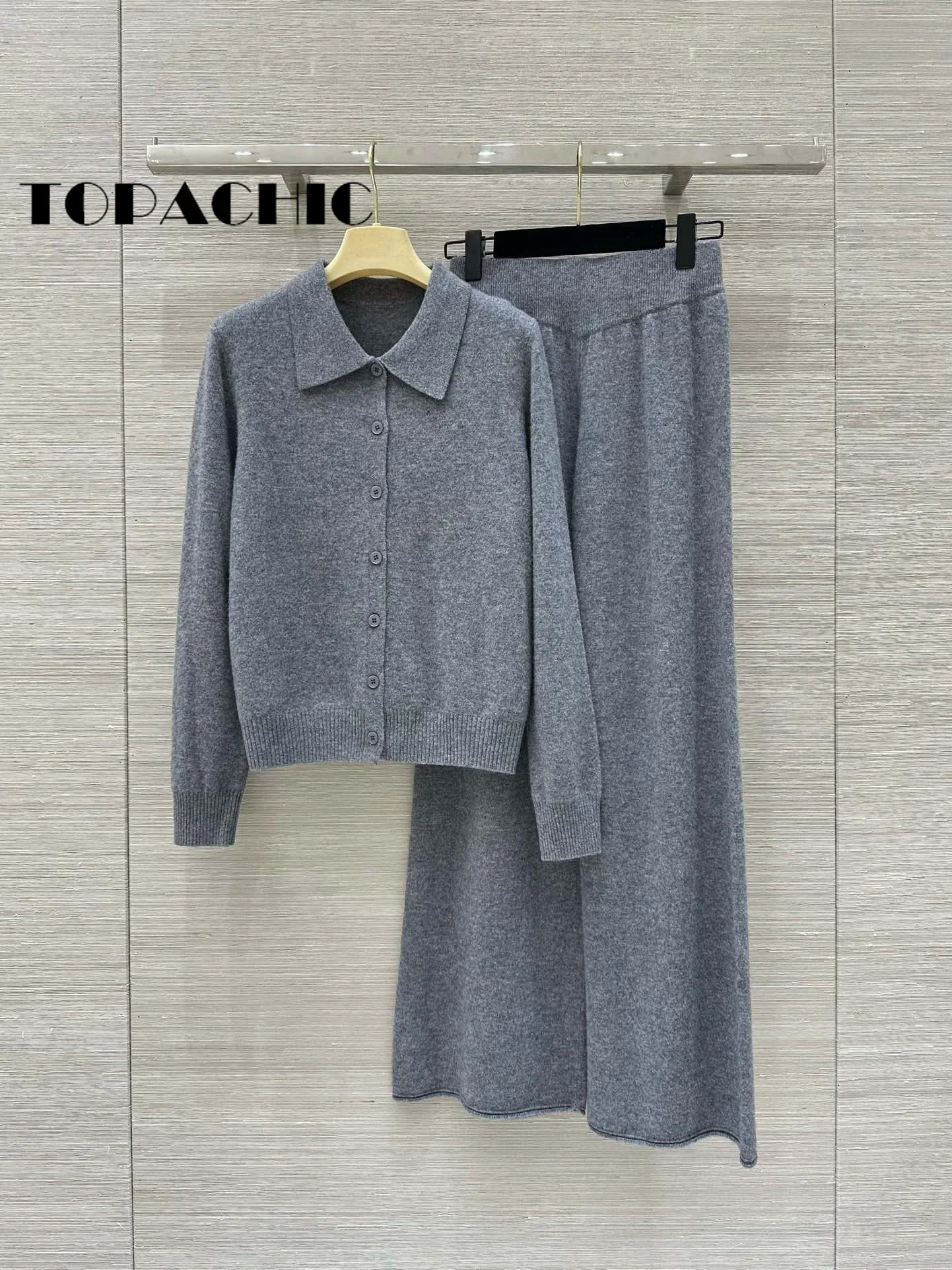 9.25 TOPACHIC-Women Simple Comfortable Wool Knitted 2 Piece Set Letter Single Breasted Cardigan + Elastic Waist Wide Leg Pants