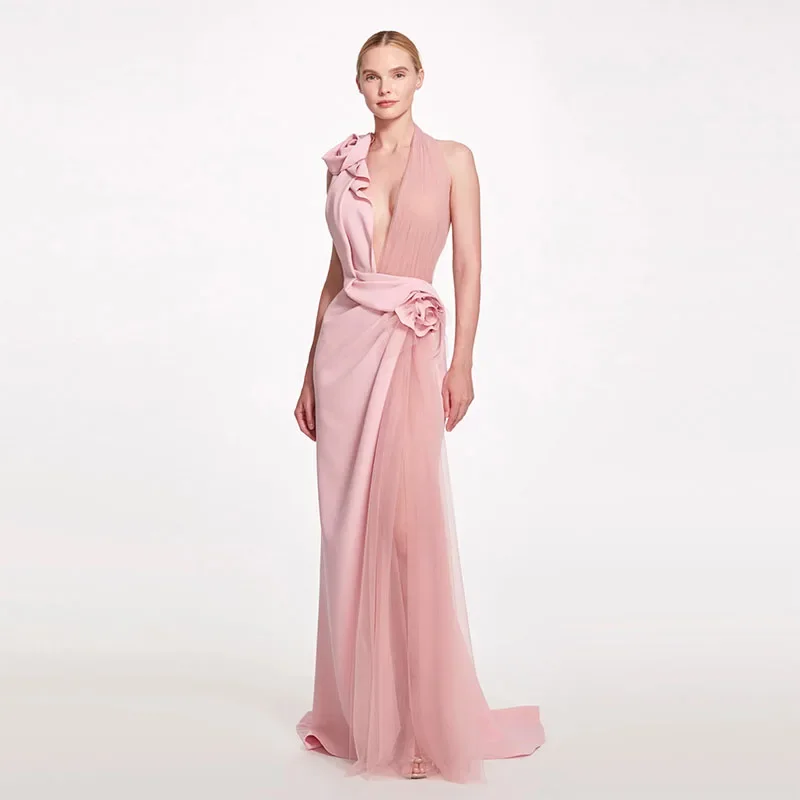 

Customized Sexy V-Neck Backless Evening Dresses Pink Halter Ruffled Prom Dress Dresses for Special Events 2024 Holiday Dress فس