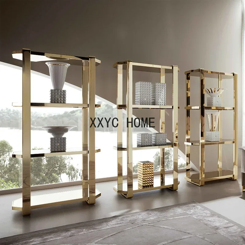 Italian-Style Light Luxury Stainless Steel Bookshelf and Storage Shelf Living Room Wall Tempered Glass Shelves Decorative