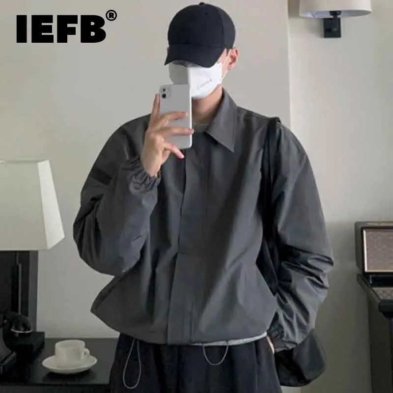 IEFB Male Jackets Casual Turn-down Collar Solid Color Pockets Drawstring Loose Men Short Coats Chic Men\'s Wear Spring New 9C4622