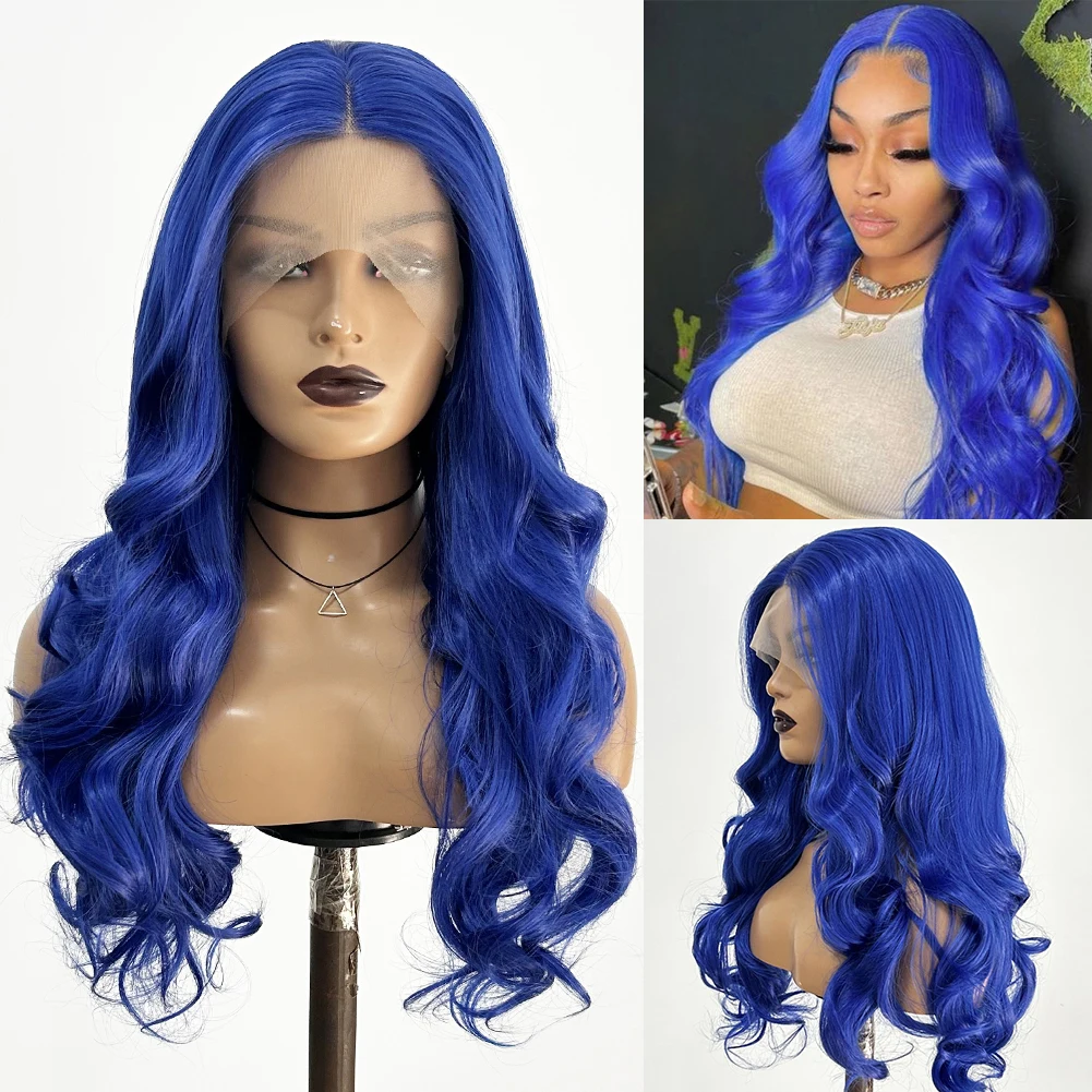 AIMEYA Blue Synthetic Lace Front Wig Long Loose Wave Wigs Synthetic Lace Frontal Wigs For Women Cosplay Party Wig Heat Resistant