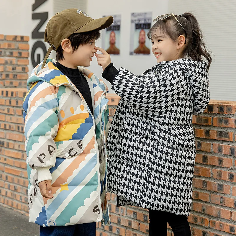 OLEKID 2025 Winter Thick Warm Children Girl Down Jacket Houndstooth Long Baby Girl Jacket 1-7 Years Kids Toddler Girl Outerwear
