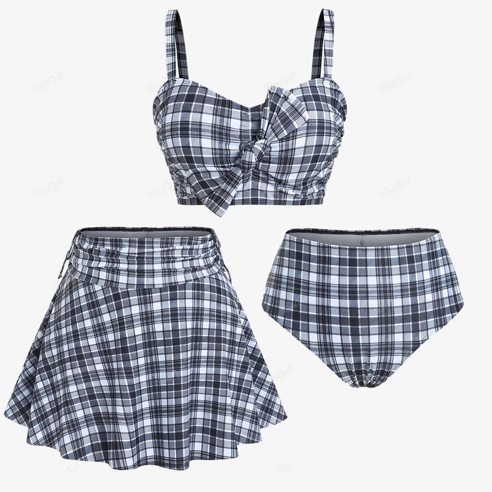 

ROSEGAL Women Plus Size Three Piece Tankini Swimsuit Vintage Bowknot Plaid Tummy Control Bathing Suit High Waisted Padded Bikini