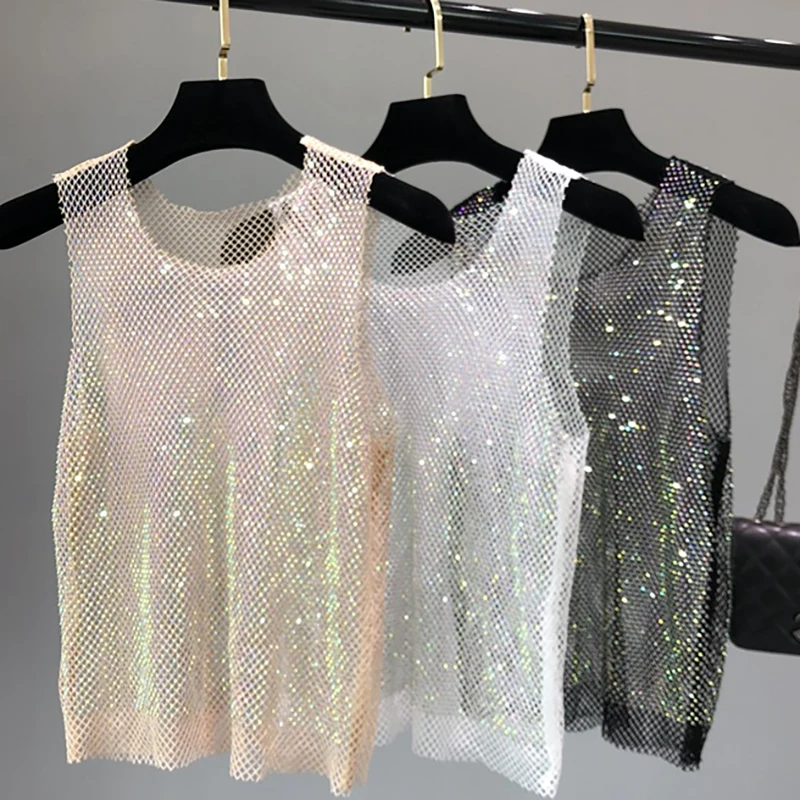 Glitter Crystal Beading Shiny Tanks y2k tops Party Club Sexy Hollow Out Diamonds Sleeveless Vest For Women Beach Party Nightclub