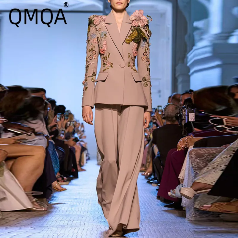 

QMQA Fashion Women's Office Lady 2 Piece Set Beaded 3D Flower Jacket Coat Wide-Leg Pants Sets 2025 Female New Clothing QM768