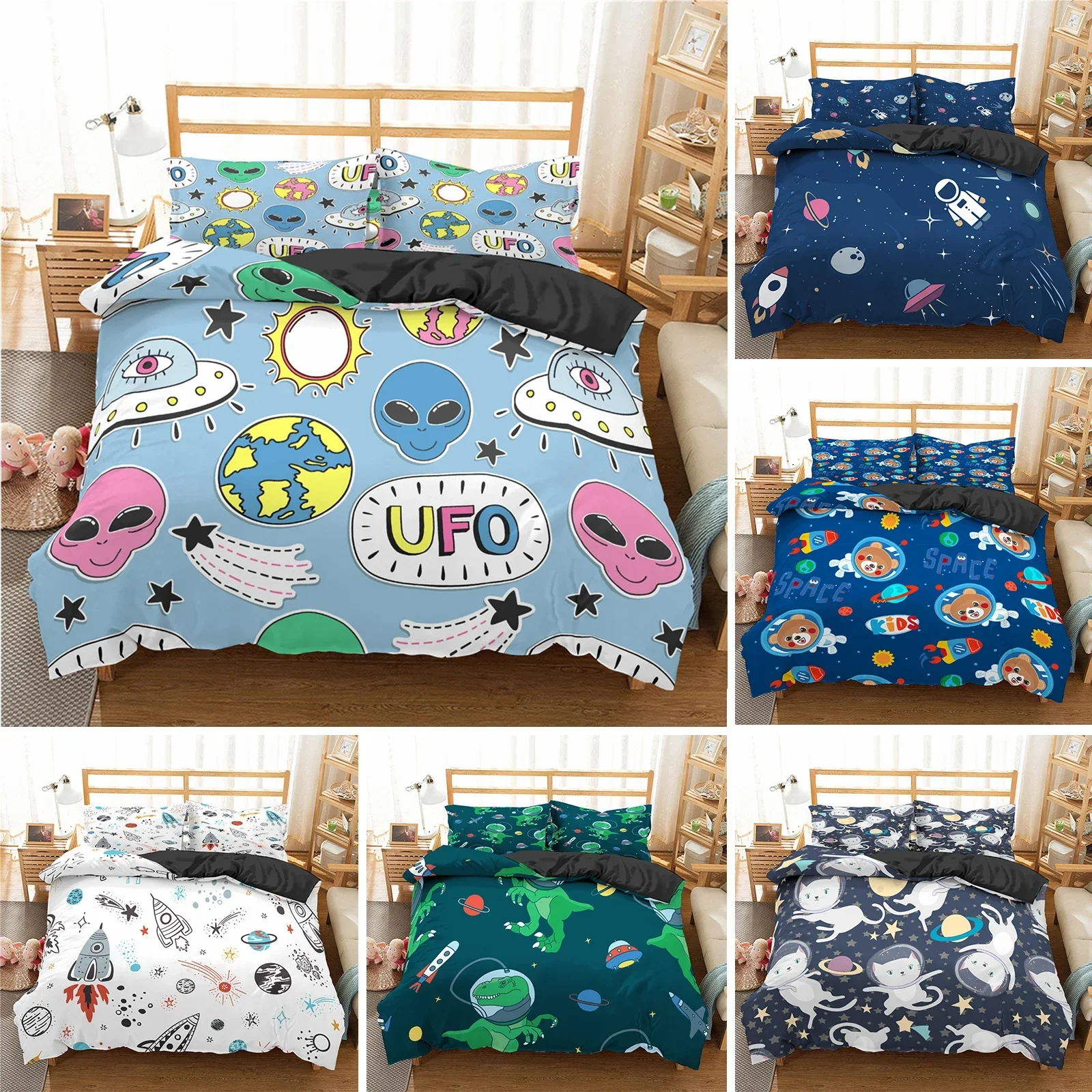 Cartoon Bedding Set Aviation Astronaut Duvet Cover Boys Blue Sky Dream Quilt Cover Twin Single Double Sizes Pillow Case