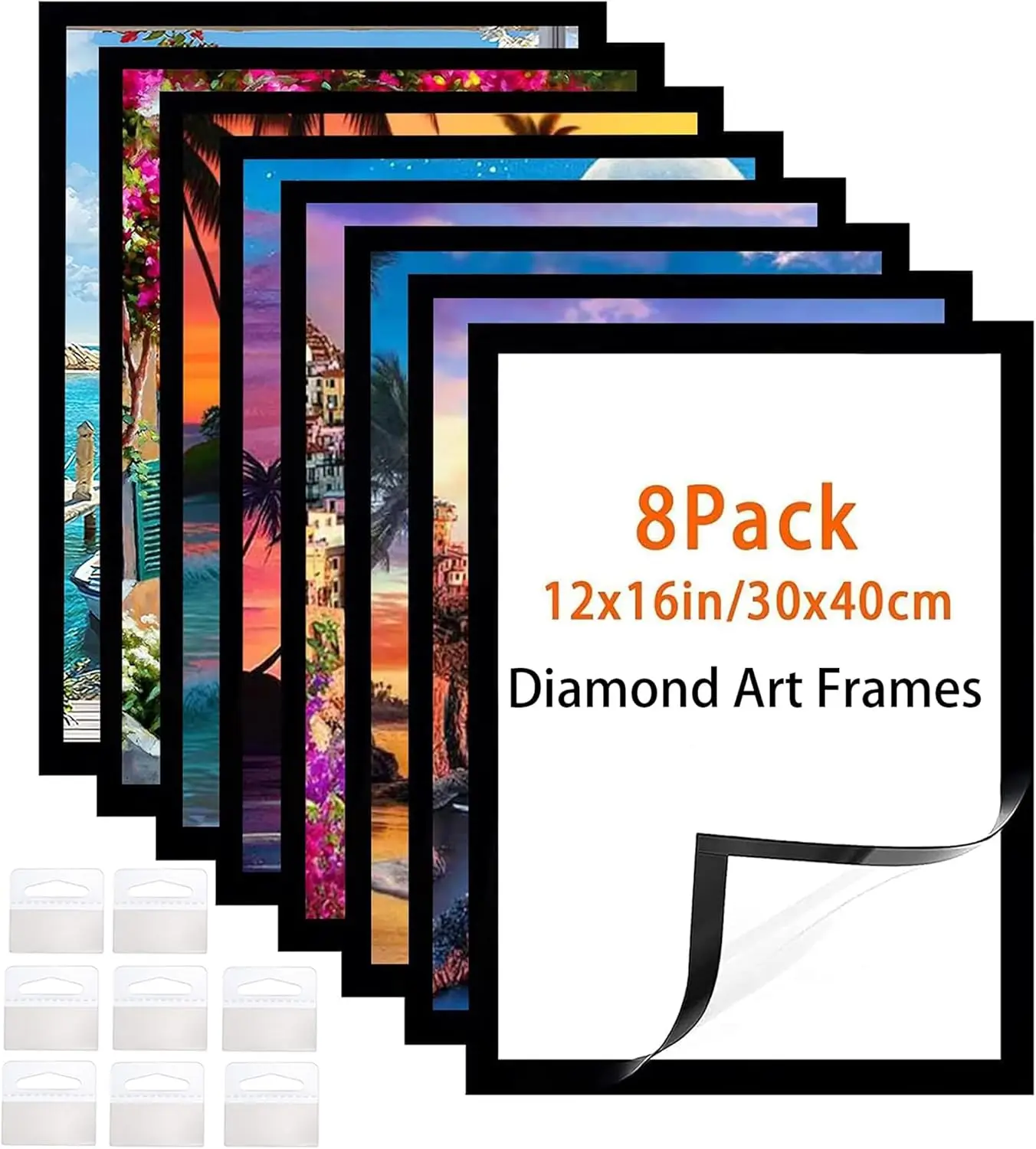 

8 Pack Diamond Art Frames 12x16 Inch Black Magnetic Self-Adhesive
