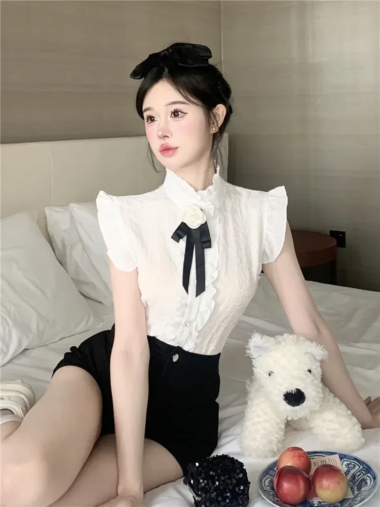 Stand Collar Sleeveless 3D Flower Bow Top Blouse New Spring Summer Fashion Women White Shirt Elegant Ruffled Bottoming Shirt