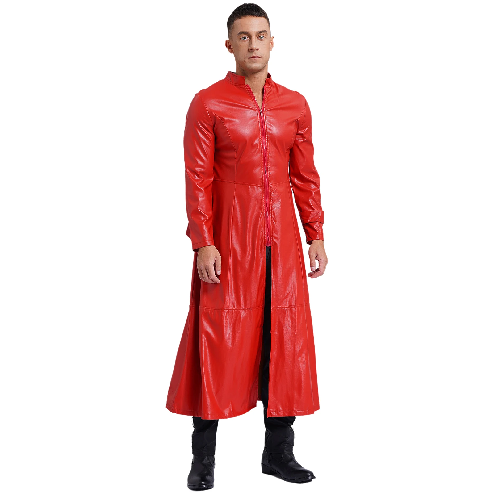 Mens Steampunk Faux Leather Trench Coat Long Sleeve Front Zipper Long Jackets Windproof Overcoat Disco Gothic Party Clubwear