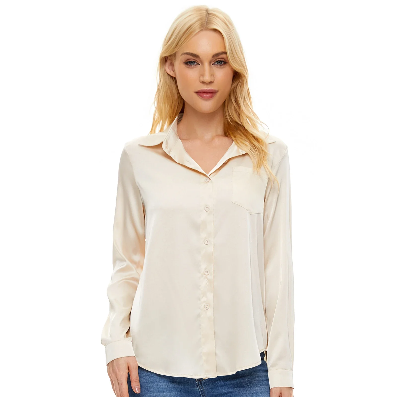 

Elegant Women's Satin Imitation Silk Long Sleeve Shirt Autumn/Winter Solid Office Lady Lapel Button Blouse Women Clothing S-XXL