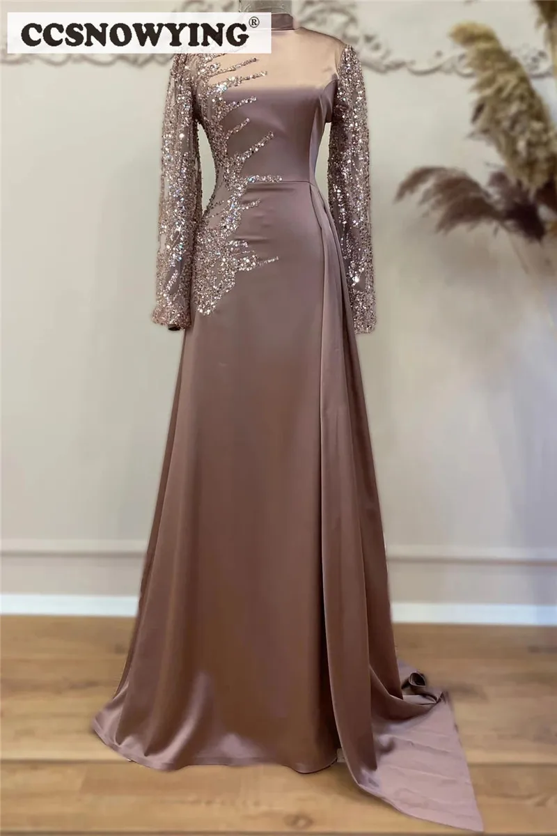 Dusty Rose Satin Sequin Long Sleeve Muslim Evening Dress High Neck Moroccan Caftan A Line Hijab Prom Formal Party Gown