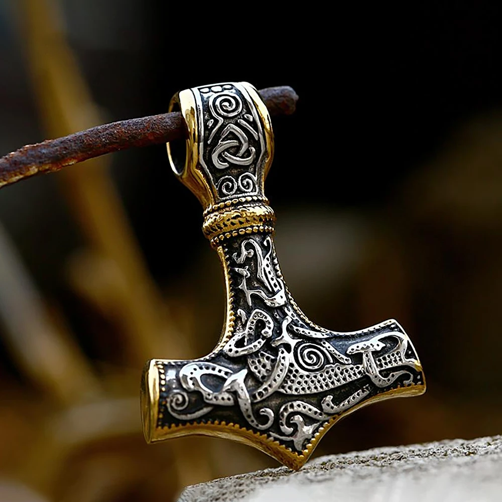 Vintage Stainless Steel Viking Thor's Hammer Pendant Necklace For Men Nordic Celtic Knot Necklace Fashion Jewelry Gift Wholesale