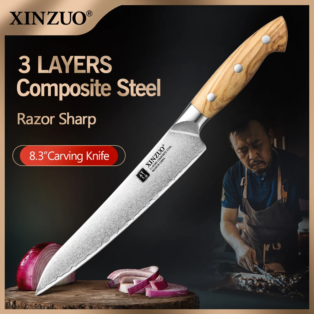 

XINZUO 8.27-Inch Composite Steel Carving Knife Olive Wood Stainless Steel Rivet Handle Sharp Durable Exquisite Gift Box