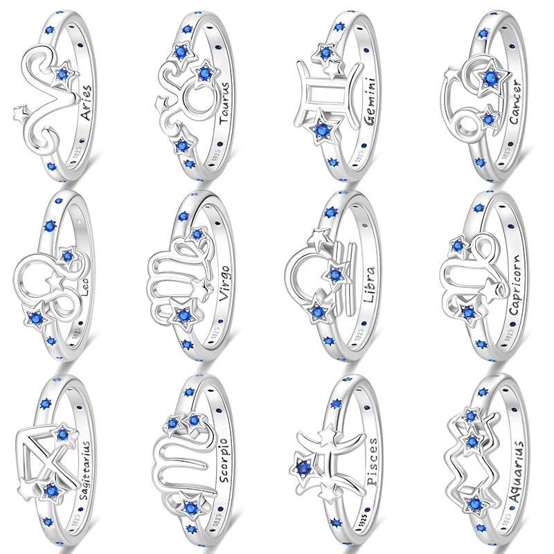 

Original 925 Sterling Silver Twelve Constellation Rings Sparkling Blue CZ Zircon Ring For Women Fine Birthday Jewelry Gifts