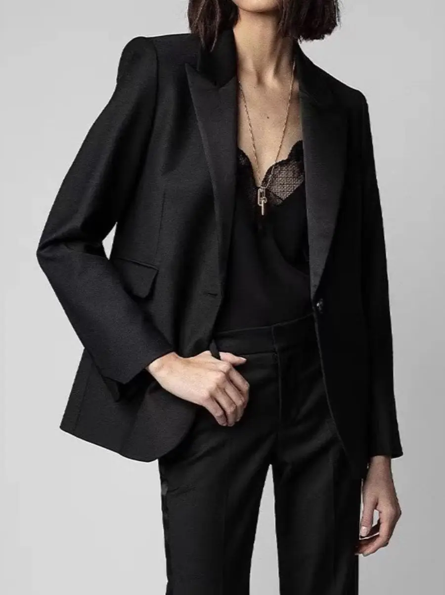 Heart-Shaped Badge Women's Black Suit Jacket Spring Notched Single Button Long Sleeve Straight Fashion Ladies Blazer