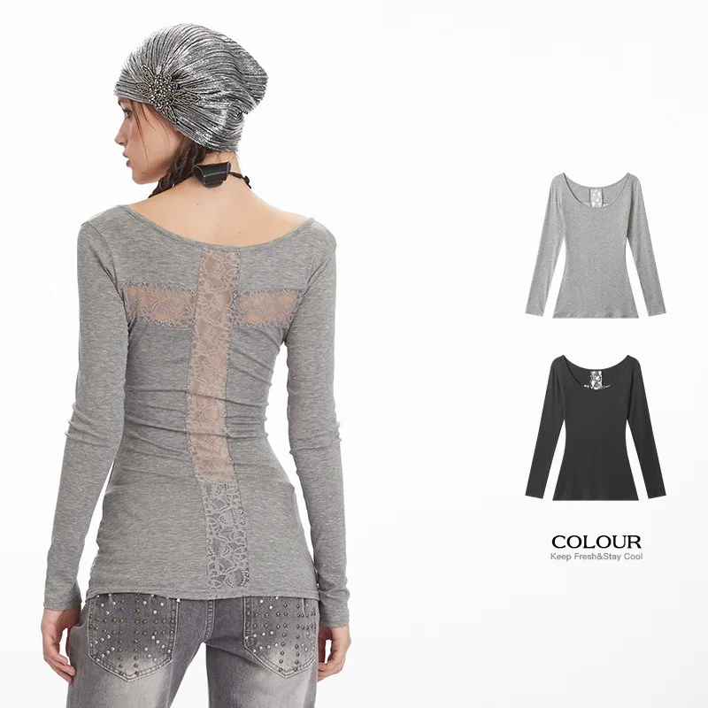 탑스 티셔츠 언더셔츠 여성용 긴팔 컷아웃 레이스 슬림핏 매혹적인 새로운 유행 캐주얼 편안한 미니멀리스트 니치