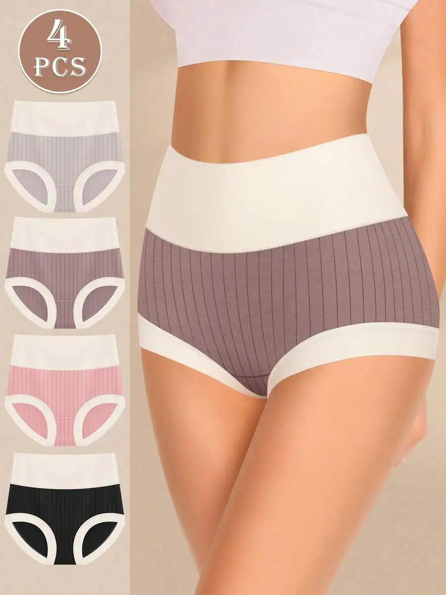

4 Pcs Women High Waist Cotton Underwear Comfortable Soft Briefs