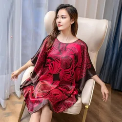 Oversized Chinese Women Silky Rayon Nightdress Robe Dress Sexy Summer Floral Printing Nightwear Kimono Nightgown Flowers