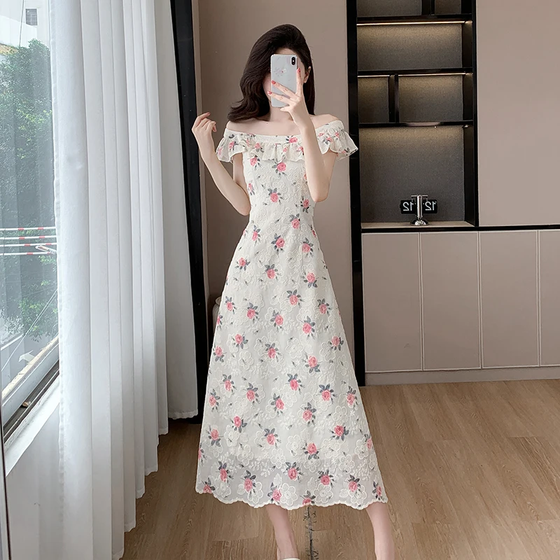 

2024 New Summer Women Ruffles Slash Neck Off Shoulder Sashes Slim Long Dress High Quality Embroidery Sweet Floral Dress