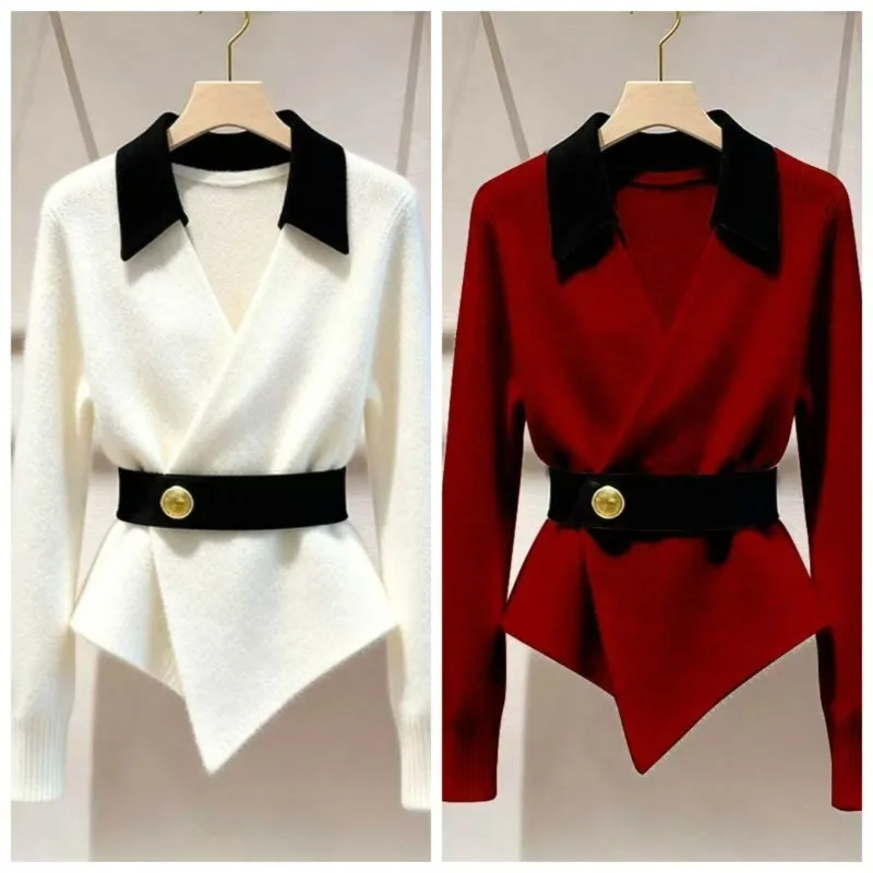 Splicing Knitted Top Light Luxury in Winter Unique Sense of High-end Super Good-looking Splicing Collar Waist Sweater Women's