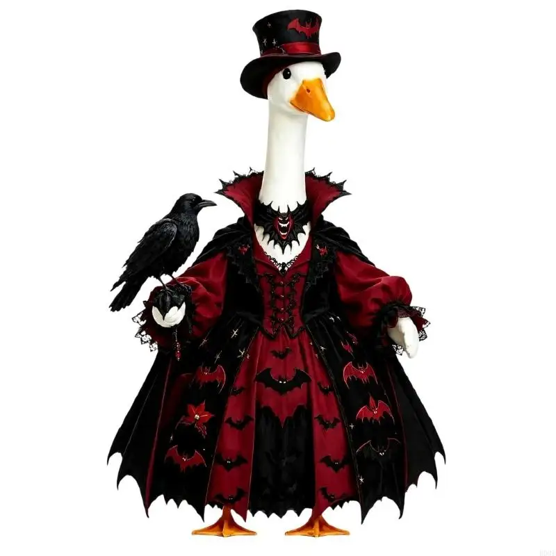 Soft Polyester Halloween Porch Bird Statue Outfit with Full-Length Panels, High Pointed Collar, Red Bat Pattern, Black B03E