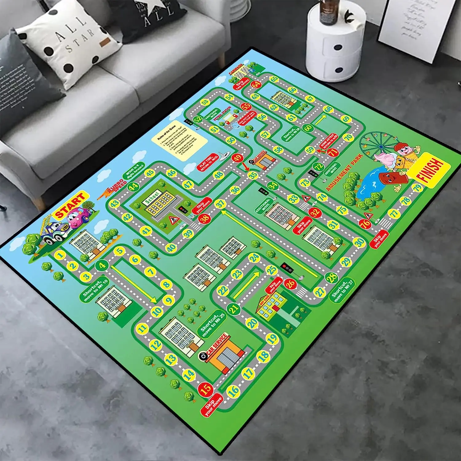 Tappeto con mappa stradale per soggiorno, numeri di gioco, sala giochi per bambini, tappetino morbido, camera da letto, comodino, divano, tavolo, area, tappeto, decorazioni per la casa