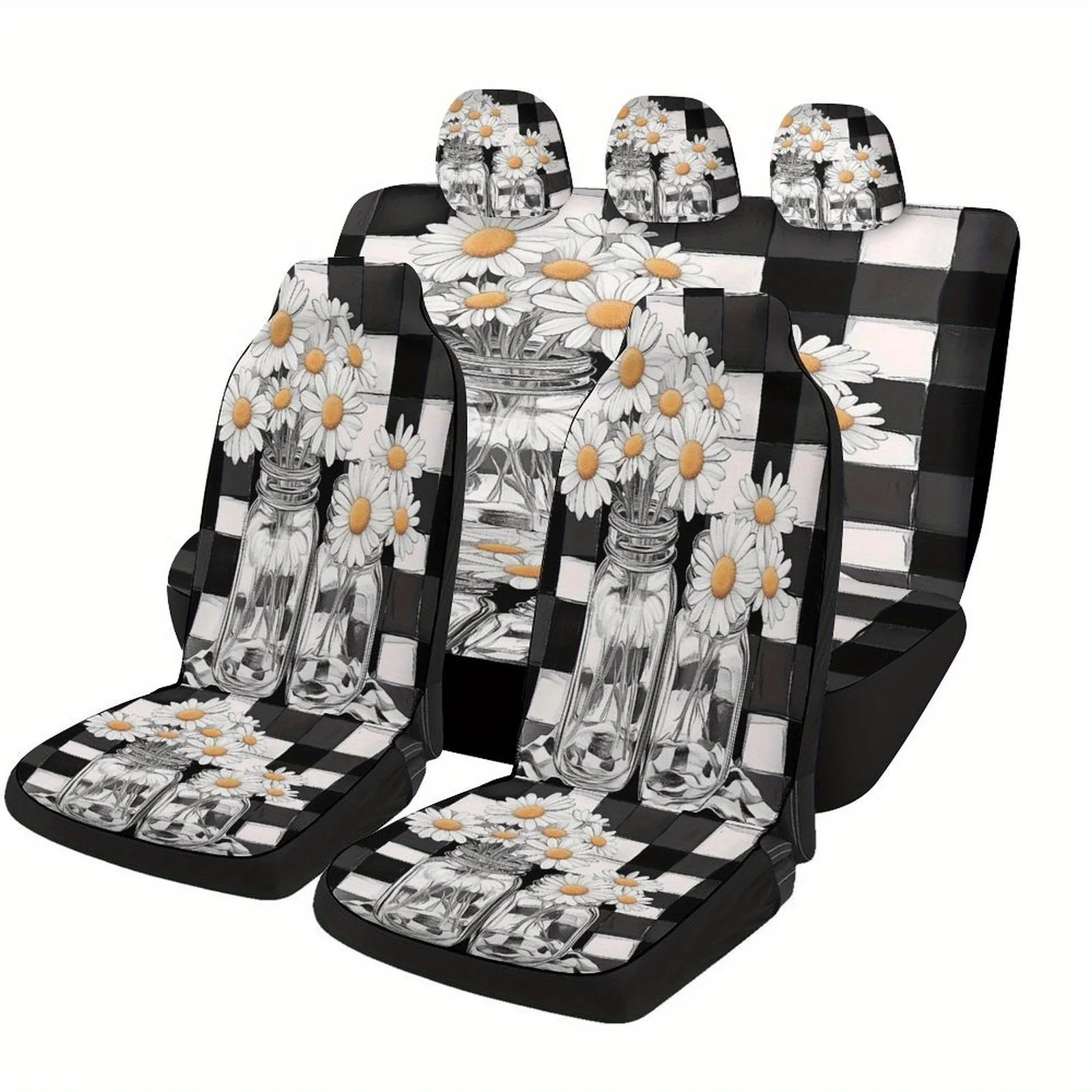 

Daisy Jar Design Car Seat Covers - Stylish Black & White Floral Pattern, Full Set For Front & Rear Seats, Fits Most Cars, Machin