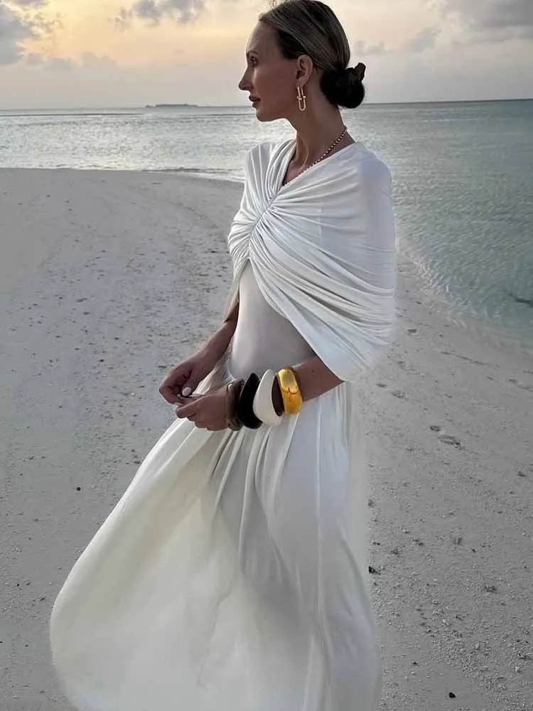 MCDV 플리츠 시크 숄 롱 드레스 여성 우아한 화이트 슬림 하이 웨이스트 A라인 탱크 드레스 2025 여름 휴가 여성 이브닝 로브