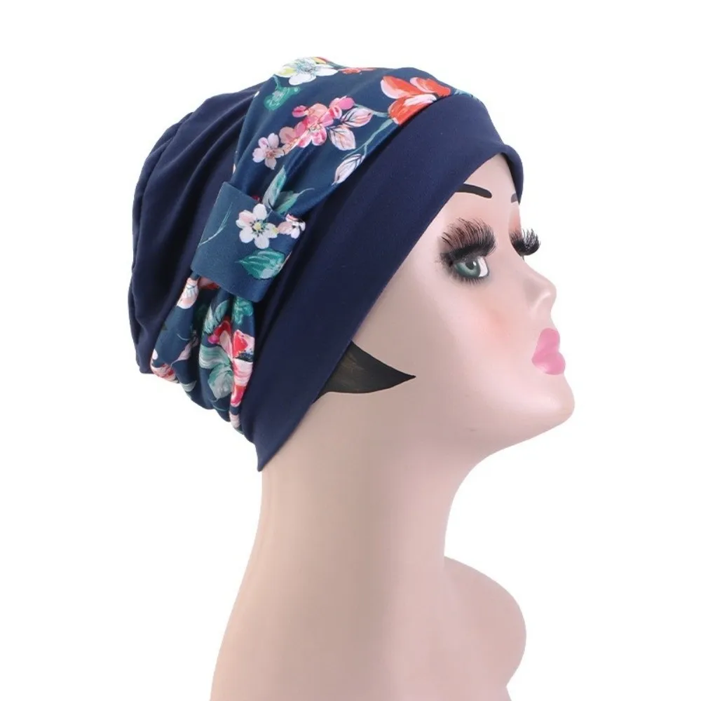 Soft Elastic Pre-Tied Turban Hat Floral Print Pre-Tied Bow Chemo Cap Stretchy Fabric Lightweight Head Wrap Beanie Chemo Therapy