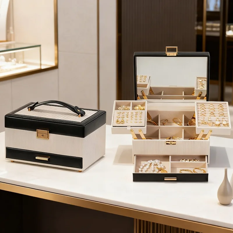 

Роскошная шкатулка для хранения украшений с зеркалом, кожаная шкатулка для колец, серег, ожерелий, портативная, для женщин